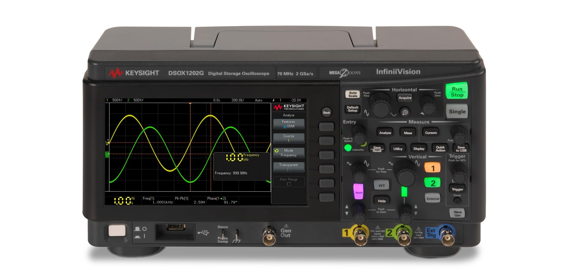 DSOX1202G Oscilloscope: 70/100/200 MHz, 2 Analog Channels, with WaveGen